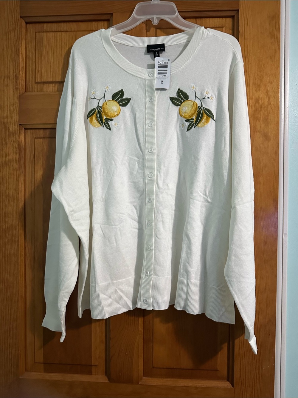 torrid Cream Cardigan with Embroidered Yellow Lemon Motif